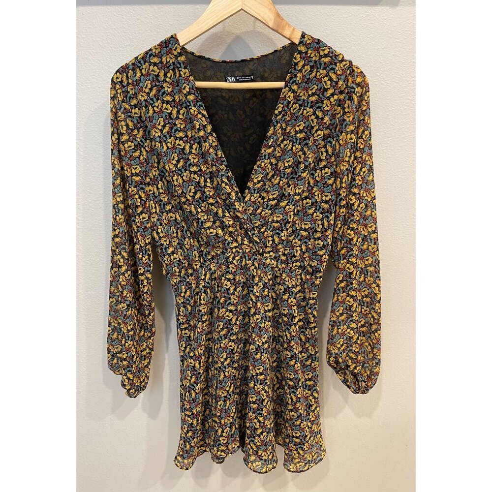 Zara V-Neck Floral Mini Dress Small Long Peasant Sleeves Flowy Prairie Boho